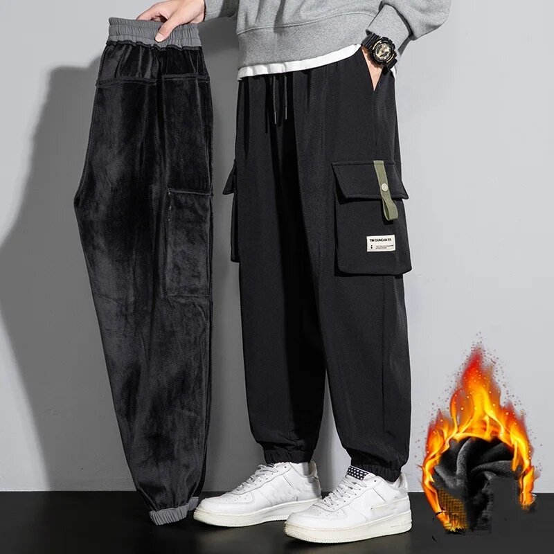 Зима 2023, мужские винтажные мешковатые брюки Y2k, плотные теплые брюки, мужские флисовые брюки-карго длиной до щиколотки, штаны-шаровары, брюки оверсайз