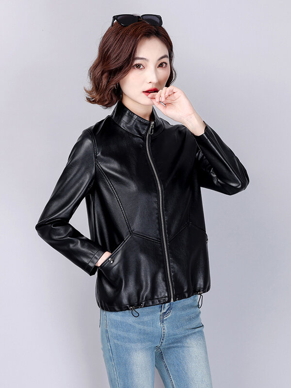 New Women Stand Collar Leather Jacket Spring Autumn Fashion Casual Drawstring Hem Short Leather Coat Split Leather Slim Jacket