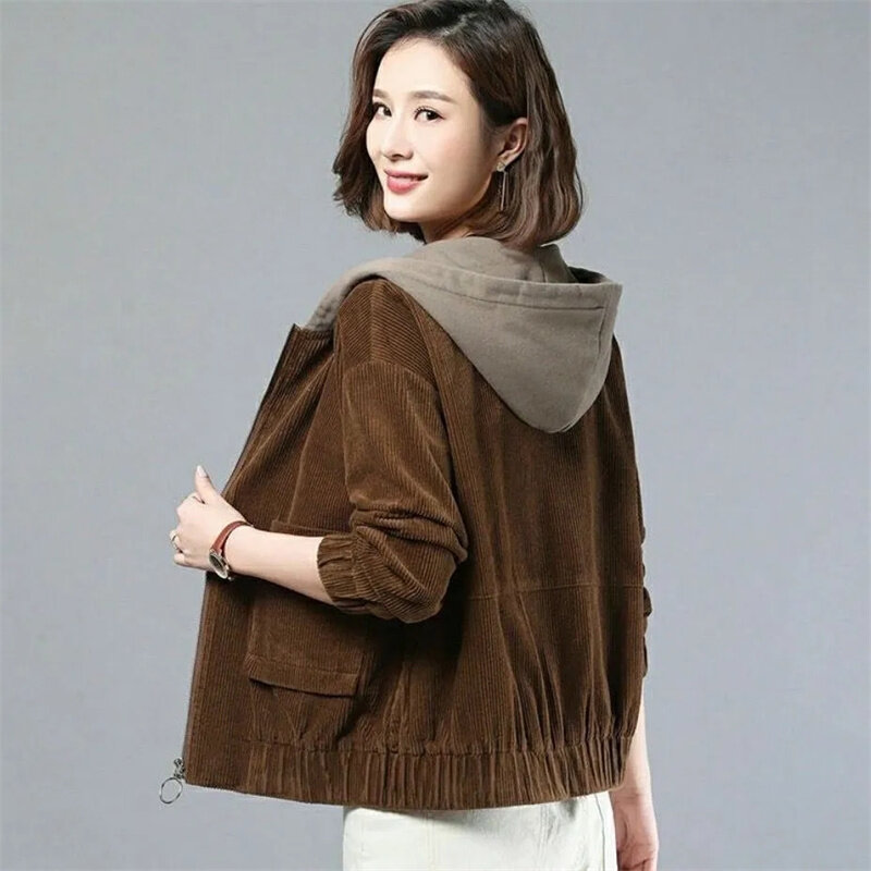 Manteau en velours côtelé rembourré en velours pour mère, version coréenne adt, cardigan à capuche, veste polyvalente pour femme, mode automne et hiver