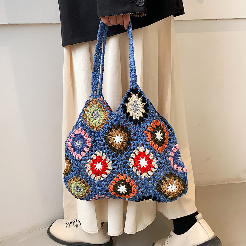 Women Tote Bag Floral Crochet Large Capacity Knitted Bag Trendy Handmade Cut-out Boho Bag Vintage Multicolor Hollow Out Handbag