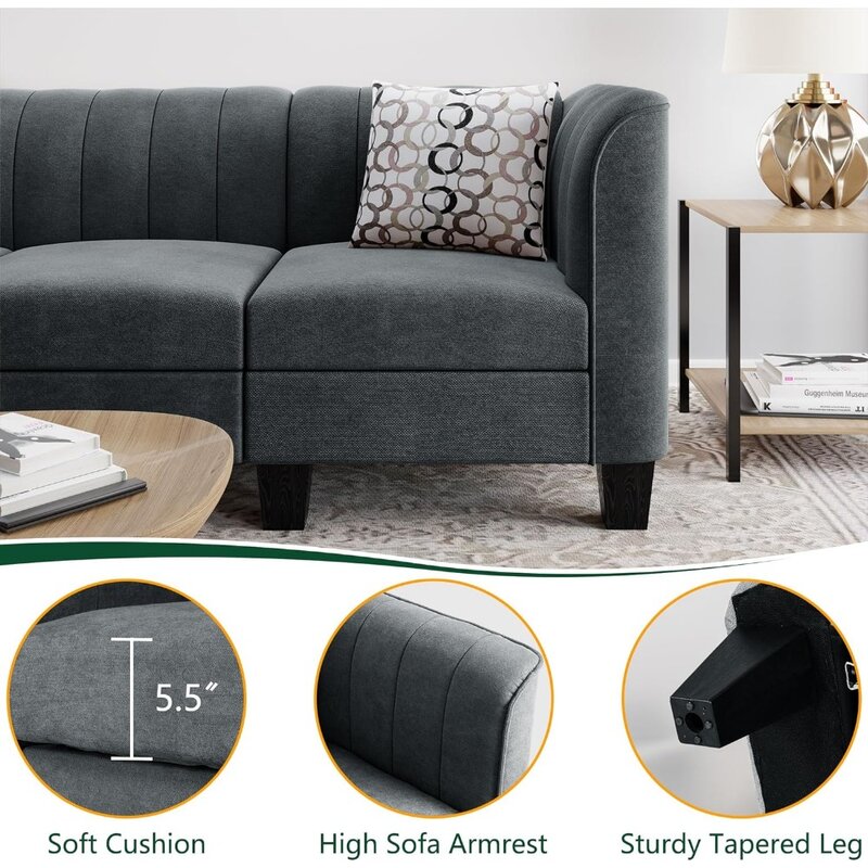 Zmodernizowana rozkładana narożnik kanapa, 3-osobowa Sofa w kształcie L z wysokim podłokietnikiem tkanina lniana mała kanapa w połowie wieku