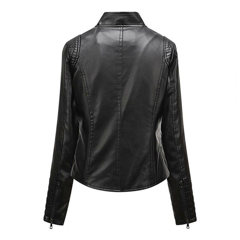 Slim Faux Leather Jacket Women Stand Collar Long Sleeve Pockets Zipper Biker Coat Thin Autumn Winter Jacket Outwear