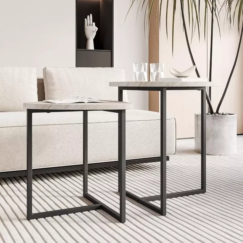LISM HOJINLINERO-Conjunto de mesa redonda para sala de estar, mesa de café pequena preta, armação de metal, conjunto de 2 mesas finais para sala
