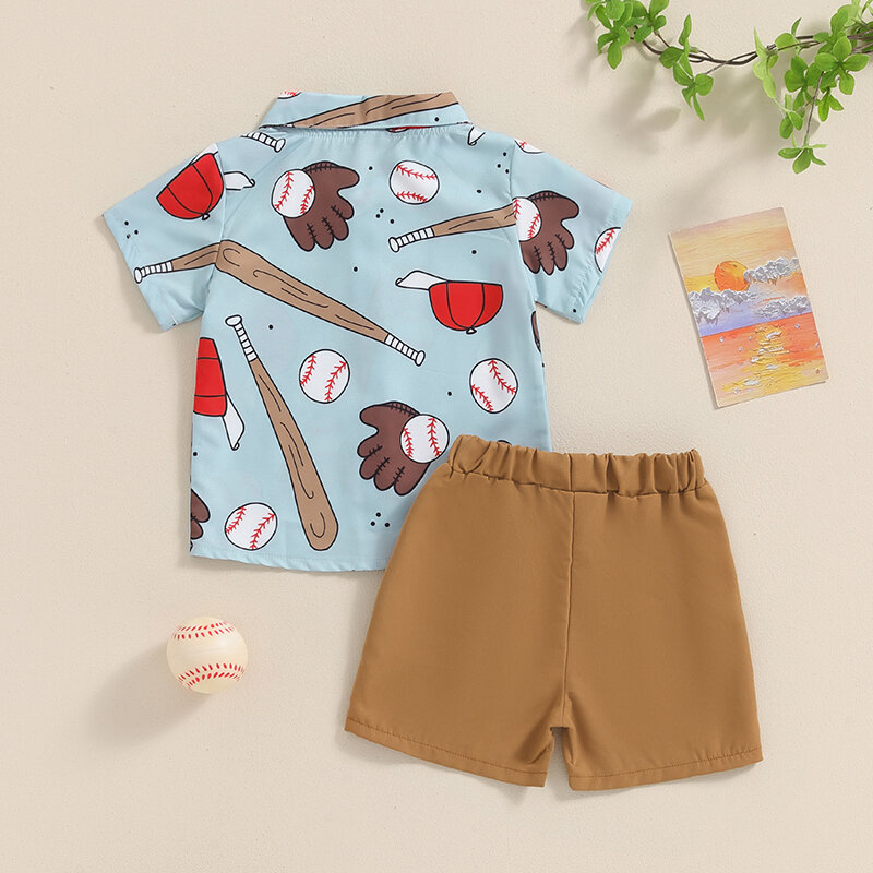 2024-03-28 lioraitiin 6M-5Y Toddler Boy Gentleman Outfit Baseball Print Short Sleeves Button Shirt and Shorts Set Formal Wear