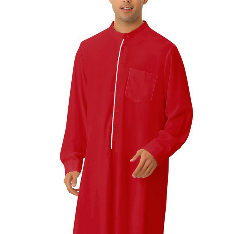 Comprimento total do robe kaftan casual masculino, manga longa, gola V, botão, vestido maxi