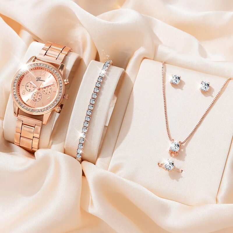6 Stück Set Luxus uhr Frauen Ring Halskette Ohrringe Strass Mode Armbanduhr weibliche lässige Damen uhren Armband Set Uhr