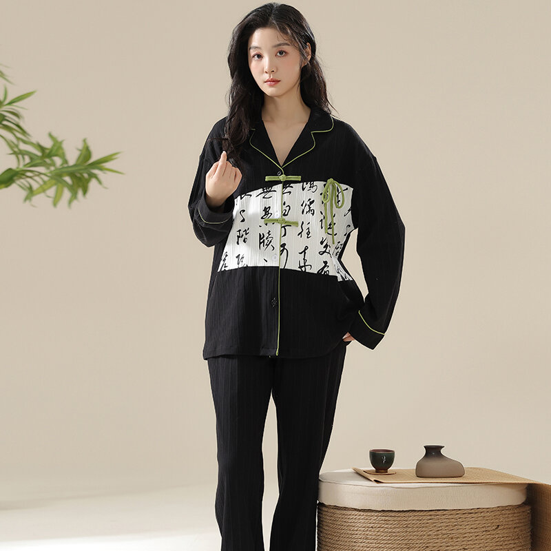 Frühling Frauen Pyjamas Set gestrickte Cotoon Pyjama weibliche Langarm Nachtwäsche Mädchen Homewear