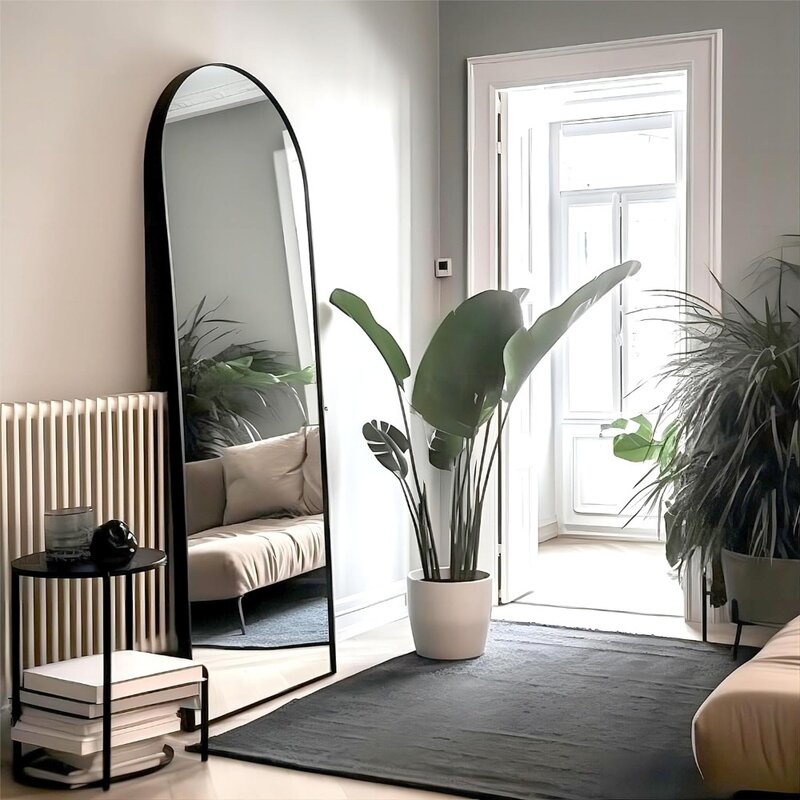 Cermin panjang penuh melengkung dengan rak pakaian lipat, cermin lantai besar dengan bingkai campuran aluminium untuk pintu kamar tidur kamar mandi