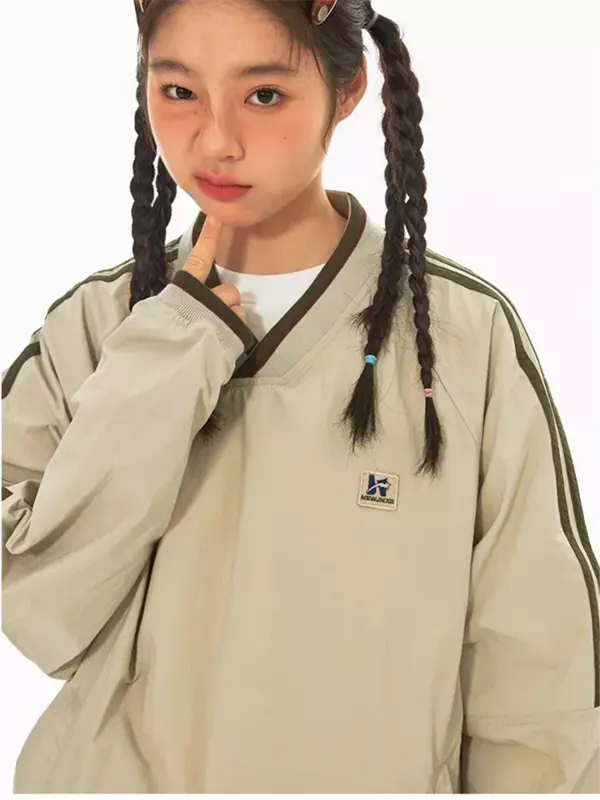 QWEEK Y2K Vintage Sweatshirts Women American Retro Gorpcore Baseball Hoodie Oversized Quick Dry Korean Style V-Neck Pullover