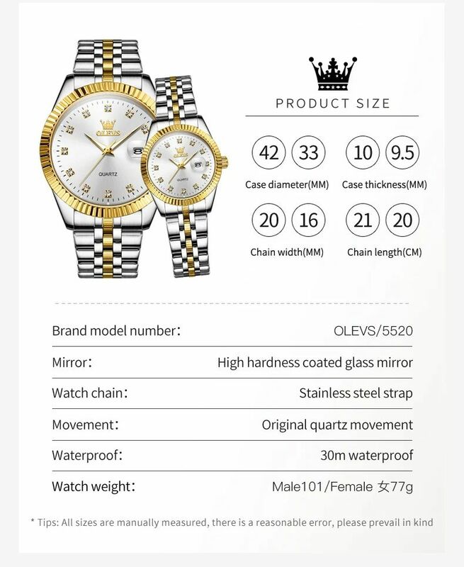 Olevs 5526 Topmerk Diamant Paar Horloges Kalender Luxe Quartz Horloge Voor Mannen Vrouwen Roestvrij Staal Waterdicht Lichtgevend Horloge