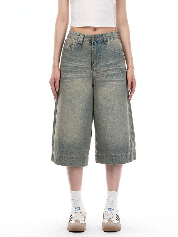 Длинные женские шорты HOUZHOU Y2k в винтажном стиле, свободные шорты в стиле Харадзюку с высокой талией, Корейская уличная одежда, джинсовые шорты с широкими штанинами