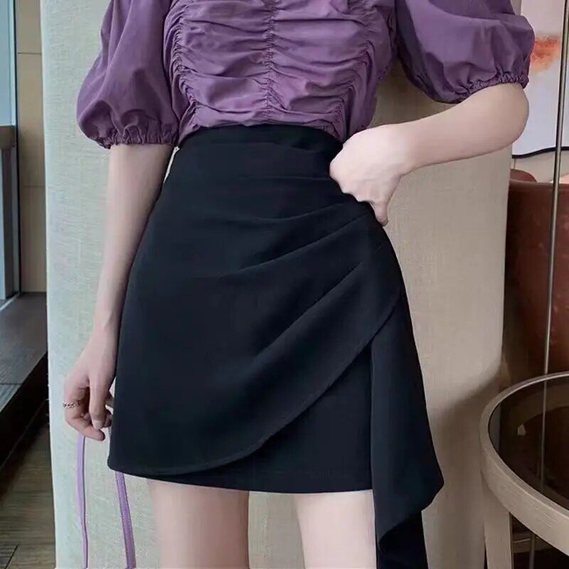 Summer New Korean Fashion Short Skirts Women Solid Patchwork Zipper A-line Irregular Folds High Waist Slim Wrap Hip Skirt 2024