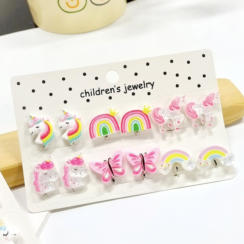 6PRS/SET New Cute Unicorn Butterfly Non Piercing Kids Girls Children Clip on Earring regalo di natale