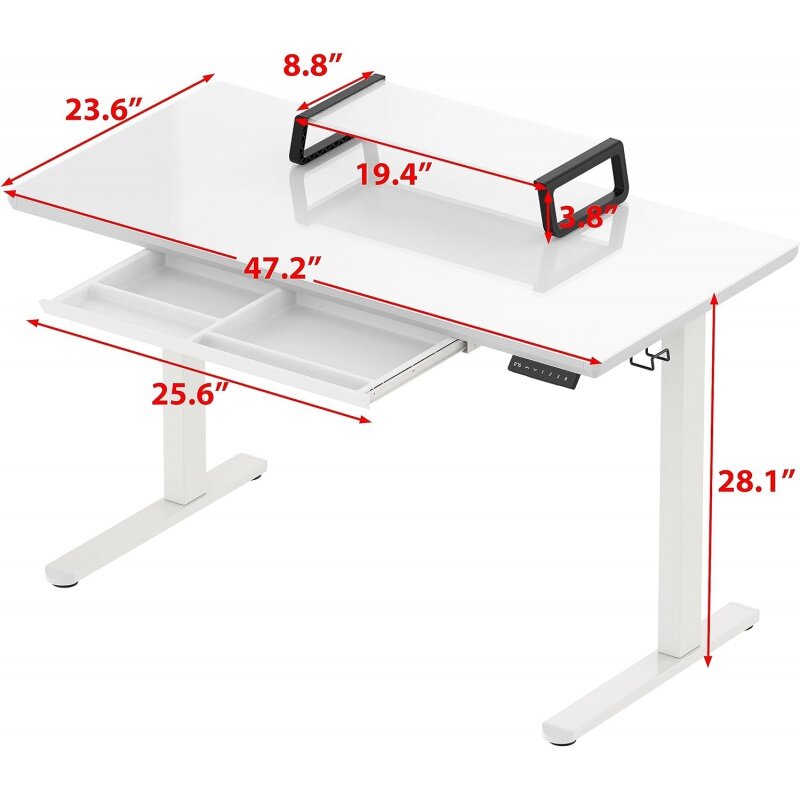 SHW | 48 inci | Meja dapat disesuaikan tinggi kaca utuh | Peninggi Monitor dan laci termasuk | Putih |
