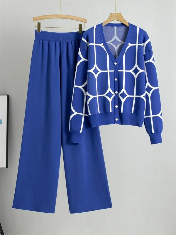 Conjunto feminino chique de malha única com peito cardigan e calças largas, malhas coreanas, cintura alta, novos conjuntos, 2 peças