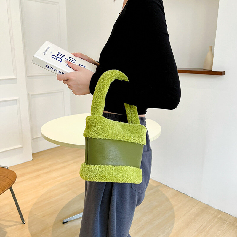 Корейская модная осенне-зимняя кашемировая плюшевая сумка из ягненка, винтажная сумка из искусственного меха, Женская пушистая сумка-мешок, Лоскутная сумка из искусственной кожи