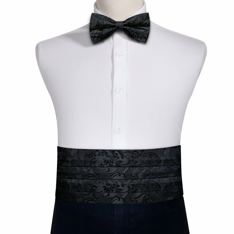 Faja Floral negra Formal para hombre, Clssic corbata de seda, pañuelo, gemelos, conjunto de traje, diseñador de fiesta de boda de negocios, Barry.Wang