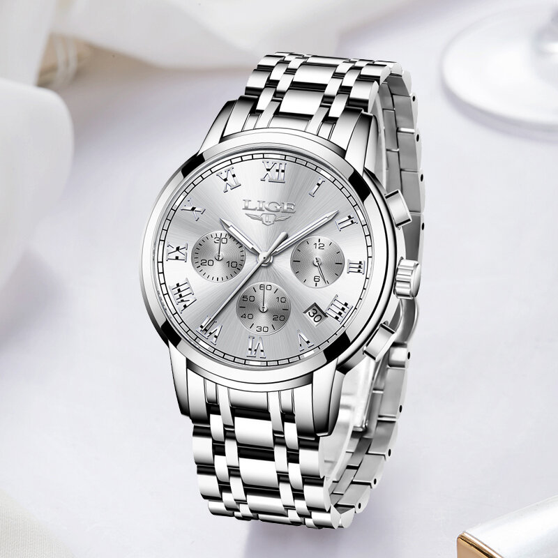Часы наручные LIGE женские кварцевые, модные креативные брендовые Роскошные водонепроницаемые со стальным браслетом, подарок