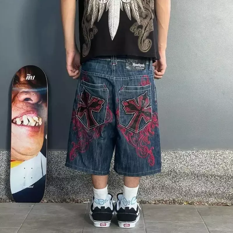 JNCO-pantalones cortos holgados para mujer, Shorts de mezclilla Retro con bordado gráfico de gran tamaño, estilo Harajuku, Hip Hop, Y2k, gimnasio, baloncesto, ropa de calle