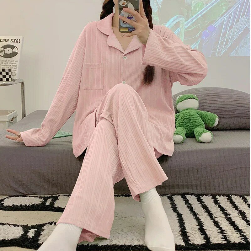 Spring Autumn Womens Cotton Pajamas Solid Color PJ Long-sleeved Home Service Womens Simple Loose Casual Suit Large Size 3XL