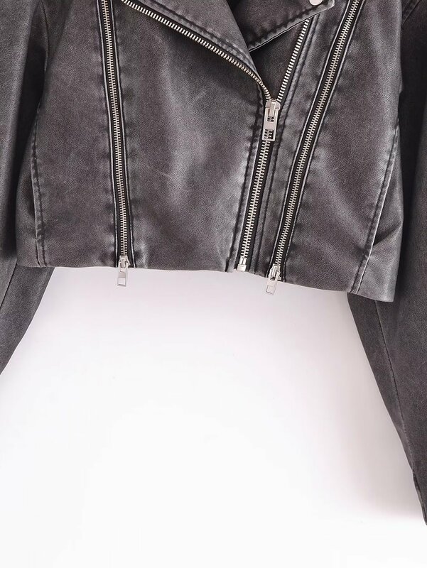 Jenny&Dave High Street Distressed Motorcycle Leather Jacket Women Fashion Retro Zipper Lapel Leather Jacket Coat