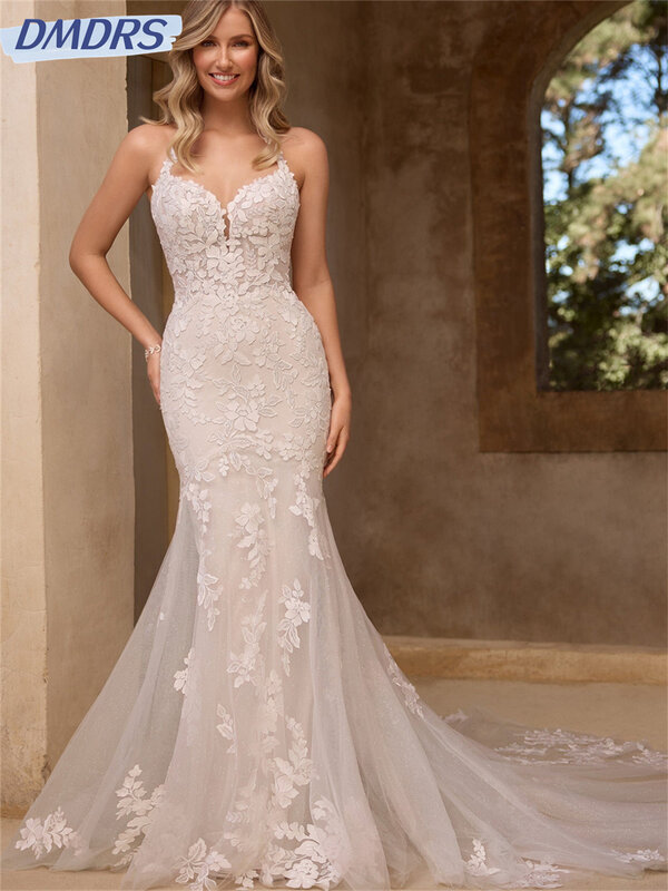 Elegant Mermaid Bridal Gown 2024 Charming Beach Dress Romantic Lace Appliqué Floor Length Gowns for Wedding Guests Vestidos De
