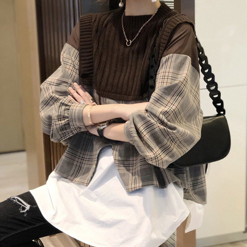 Korean Autumn Winter Sweater for Women O-neck Woolen Sweater Women's Patchwork Thick Plaid Versatile Long Sleeve Knit Pullovers