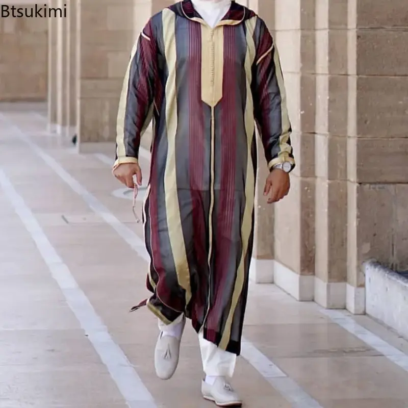 Baru 2024 pakaian Islami pria jubah Kaftan Muslim pria Maroko gaun panjang kasual bergaris Arab jubah kostum nasional Timur Tengah