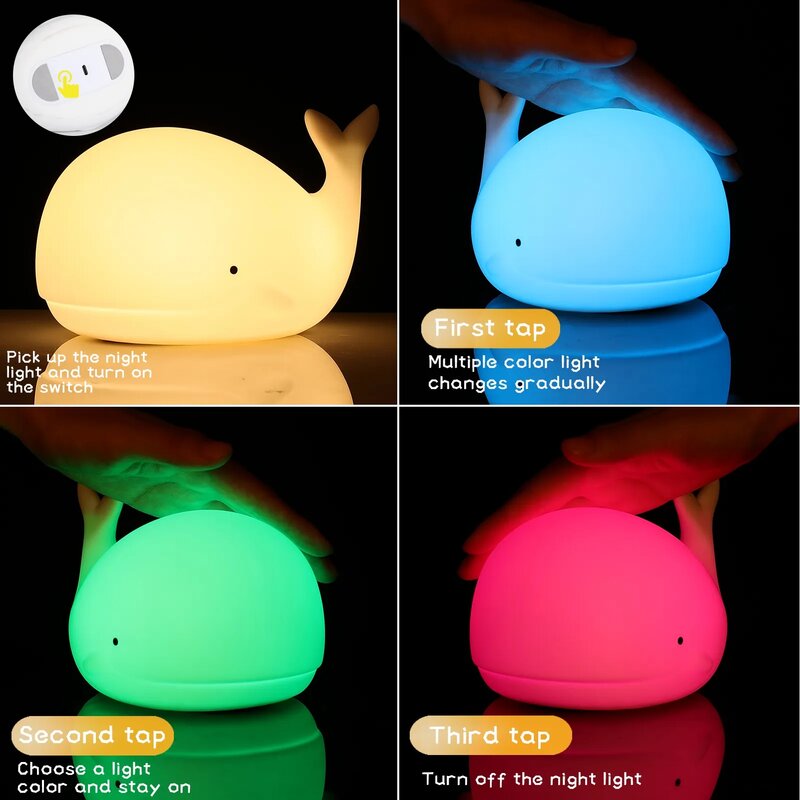 Cute Whale Animal Night Light 7-color Silicone Usb Rechargeable Nightlights Room Decorations Table Lamp Gifts For Children