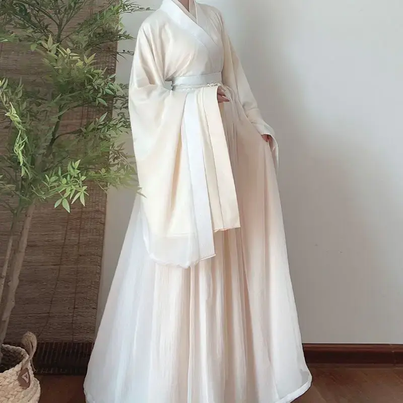 女性のためのZhanfuドレス、古代中国の漢服、女性のコスプレコスチューム、パーティーショー、ベージュと白のドレス、セットあたり4個