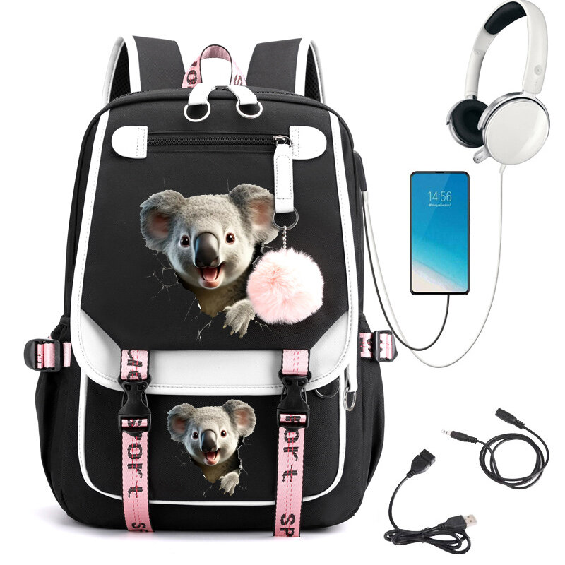 Koala Print School zaino Cute Cartoon School Bag per studenti adolescenti Bagpack Usb Bookbag Anime Laptop adolescente zaino borse