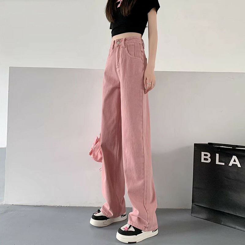 Różowa wąska edycja dżinsy z szeroką nogawką 2024 lato nowa wysoka talia obwisłe proste nogawki luźne jeansy modne