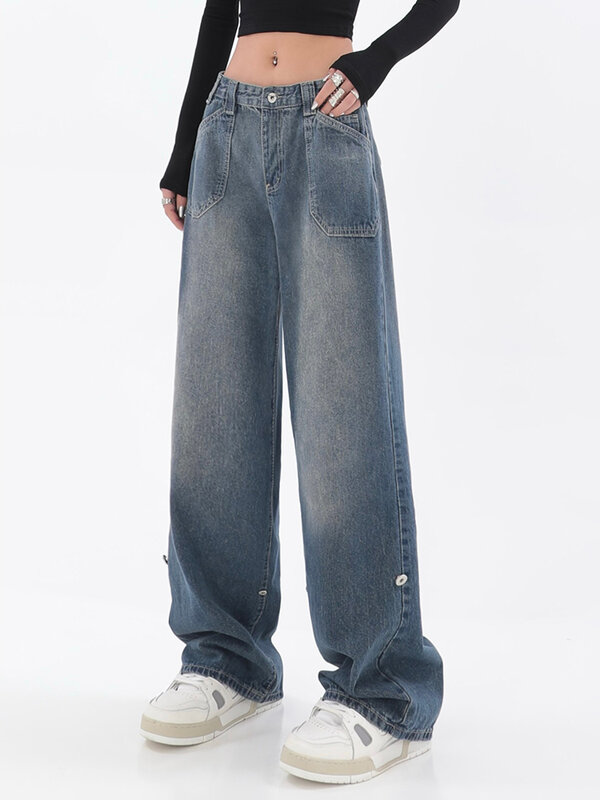 Jeans Wanita Ukuran Plus Celana Panjang Denim Kaki Lebar Kasual Desain Chic Antik Streetwear Celana Jeans Fashion Longgar Pinggang Tinggi Lurus
