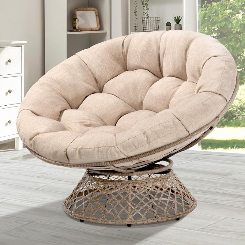 Bme Wicker Oversized Papasan Chair, Beige Cushion - Brown Frame