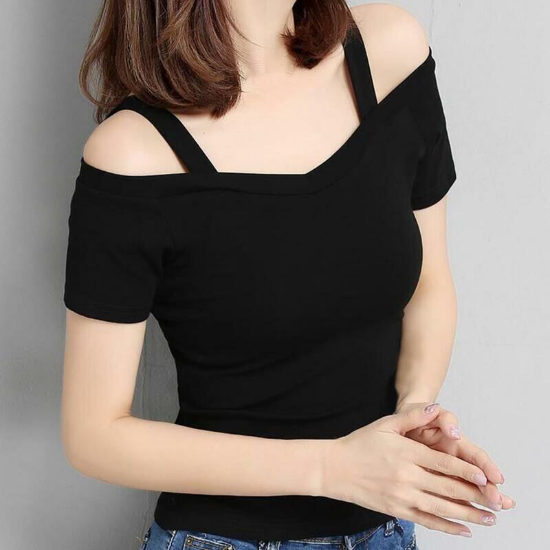 Camiseta de manga curta para as mulheres, sexy top com fora do ombro, moda coreana, v pescoço, roupas de verão