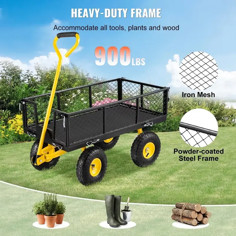 Aço Garden Cart com lados de malha removível, Heavy Duty Cart, 900 lbs Capacidade, 180 ° punho rotativo, 10 em pneus, frete grátis