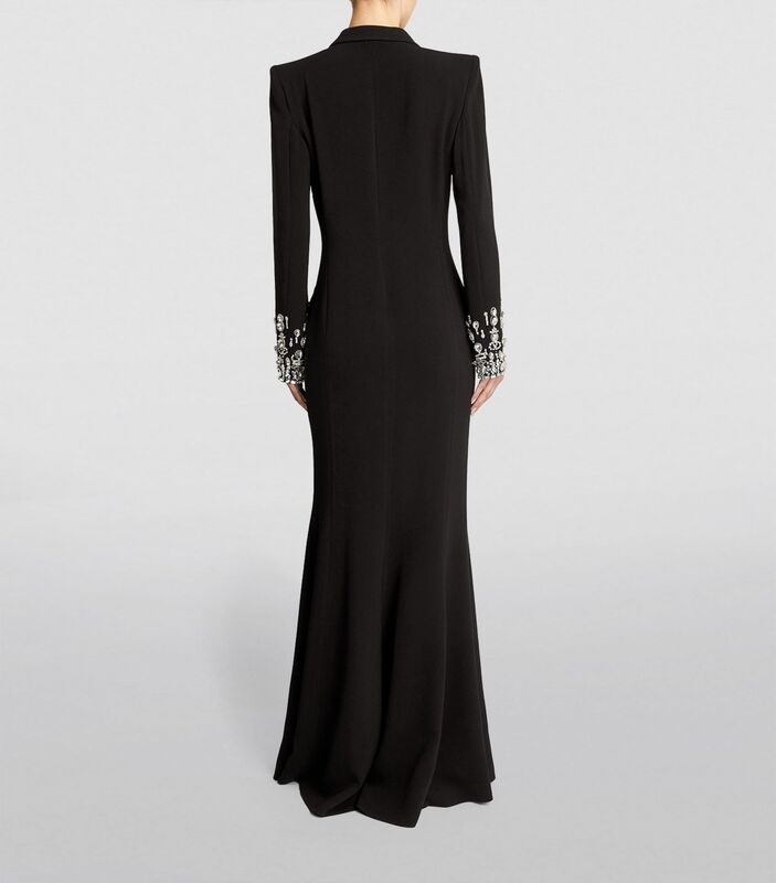 Pandora-Robe de soirée formelle noire pour femme, col en V, cristal, manches longues, satin, longueur au sol, sirène, banquet, robe de soirée de mariage