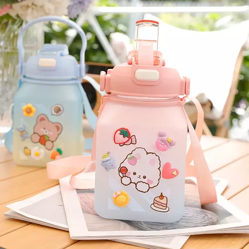 1200ml Four Seasons Square Belly Cup Children's Gradual Sports Bottle Matte Grass Cup Large Capacity Water Cup Cute Bottle