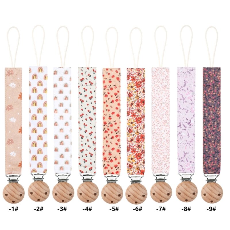 Houten clipketting voor babyfopspenen Bijtring versierd met bloemenprints