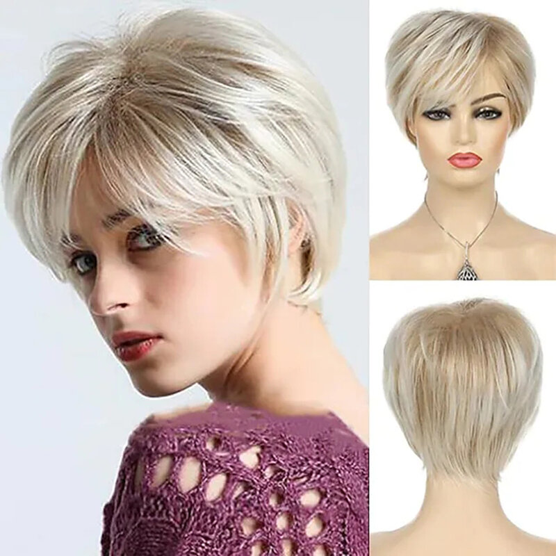 Synthetic Wig Natural Straight Short Wig 8 inch Bleached Blonde Synthetic Hair 8-9 inch Women's Color Gradient Comfy Fluffy Wigs