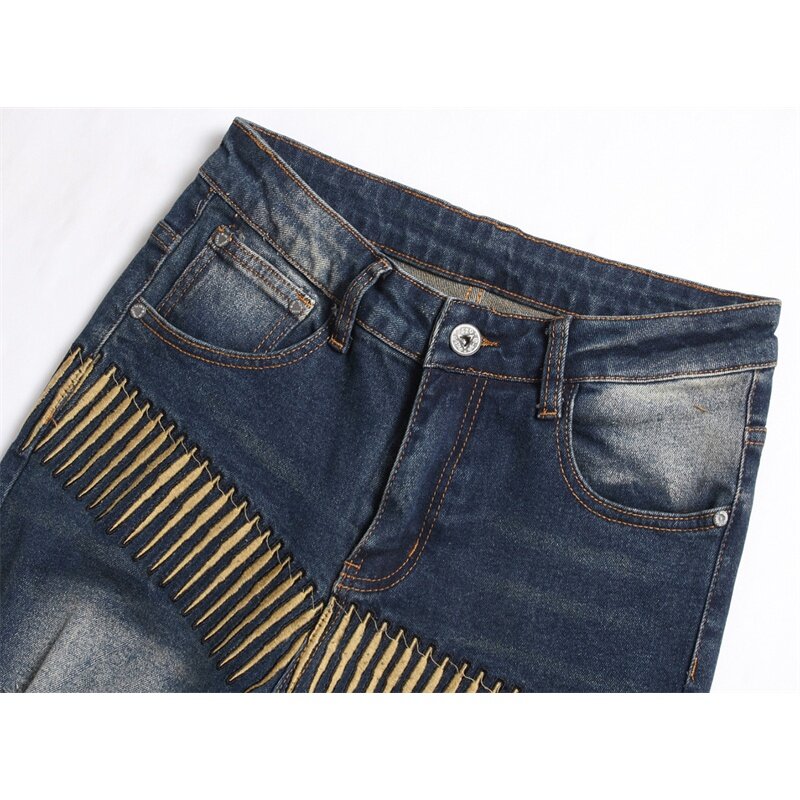Jeans rasgado nostálgico masculino, design exclusivo de bordado, elástico slim fit, magro, calça retrô de motocicleta, moda de rua
