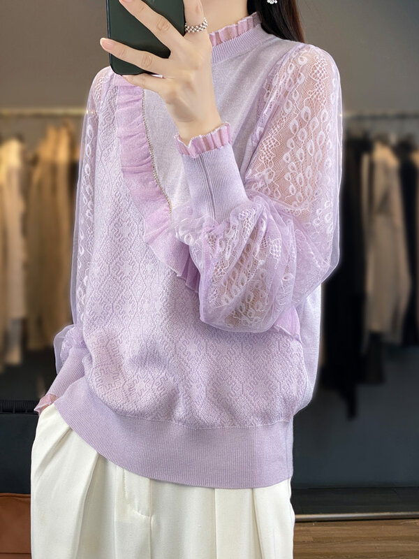 Nowa moda Sweter damski 100 Wełniana siatka Elegancki patchworkowy sweter z marszczonym kołnierzem Kamstedowy wiosenny cienki sweter 2024 Dzianinowy top