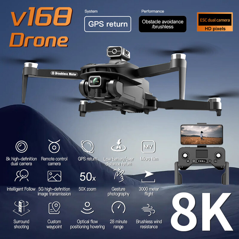 Fotografia Aérea HD Profissional Drone, Câmera Dupla, Omnidirecional, Evitar Obstáculos, Original, Xiaomi V168, 8K, 5G, GPS