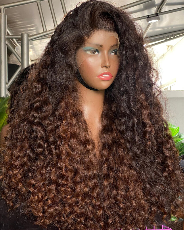 Brown 30# Highlights Lace Frontal Wigs Curly Real Human Hair Wig for Women 500% High Thick Density Lace Front Wig 32 inchs Qearl