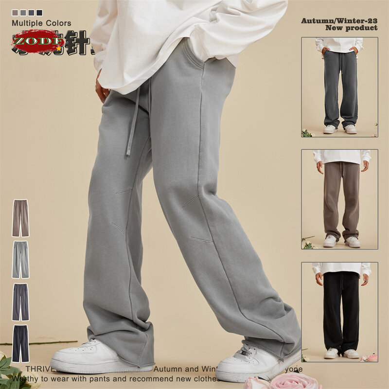 ZODF celana rajut pria, baru 2023 dicuci 380gsm celana katun uniseks jalan tinggi ukuran besar tepi longgar lurus Streetwear HY0608