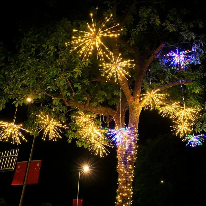 Lampu kembang api gantung pohon 88LED, lampu peri dekorasi luar ruangan dengan tali kembang api tembaga cabang 22