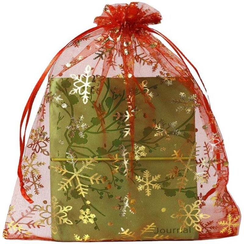 Bolsas de joyería de Organza de Navidad, embalaje de pendientes transparente con cordón, bolsas de dulces con estampado de copo de nieve, 50 Uds./lote