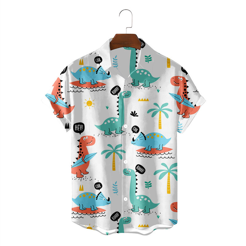 남녀공용 귀여운 공룡 3D 프린트 셔츠, 하와이안 셔츠, 옷깃 셔츠, 쿠바 카미사, 동물 의류