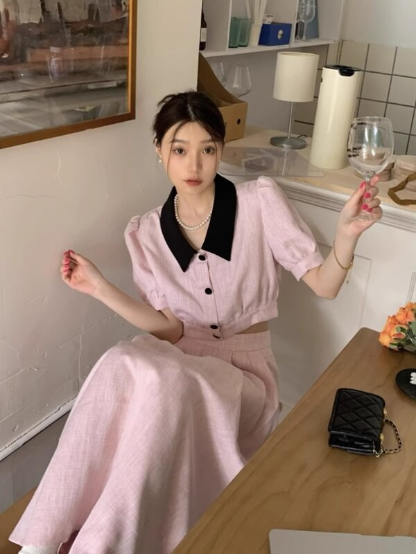 Woman's Spring/summer French Sweet Doll Collar Short Sleeve Suit A Skirt Suit Retro Contrast Lapel Suit Overskirt Two-piece Set