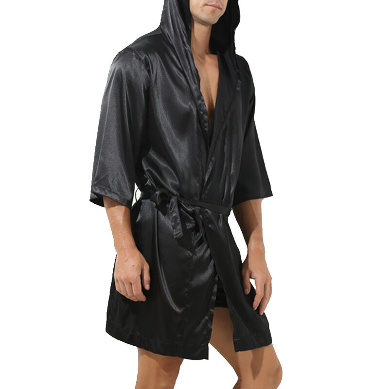 Men's Hooded Loose Satin Silk Bathrobe Pajamas Sleepwear Large Size Lace-up Nightgown Nightwear Long Sleeve Bath Robe Nightwear